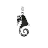 Elegant silver seahorse necklace pendant with black shell, handcrafted in Bali.